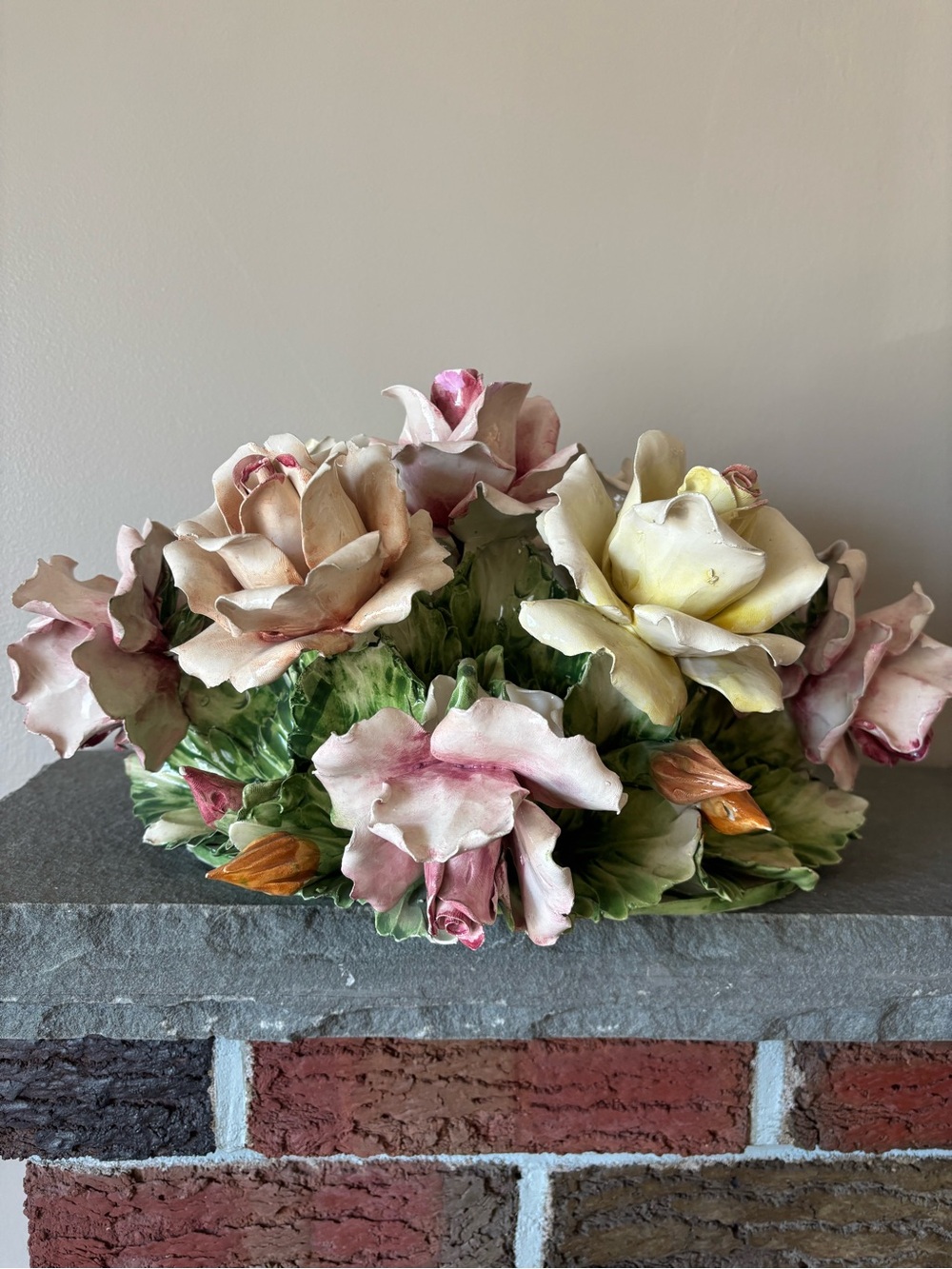 Vintage Capodimonte  Rose Ceramic Floral Centerpiece in Pink, Cream and Green